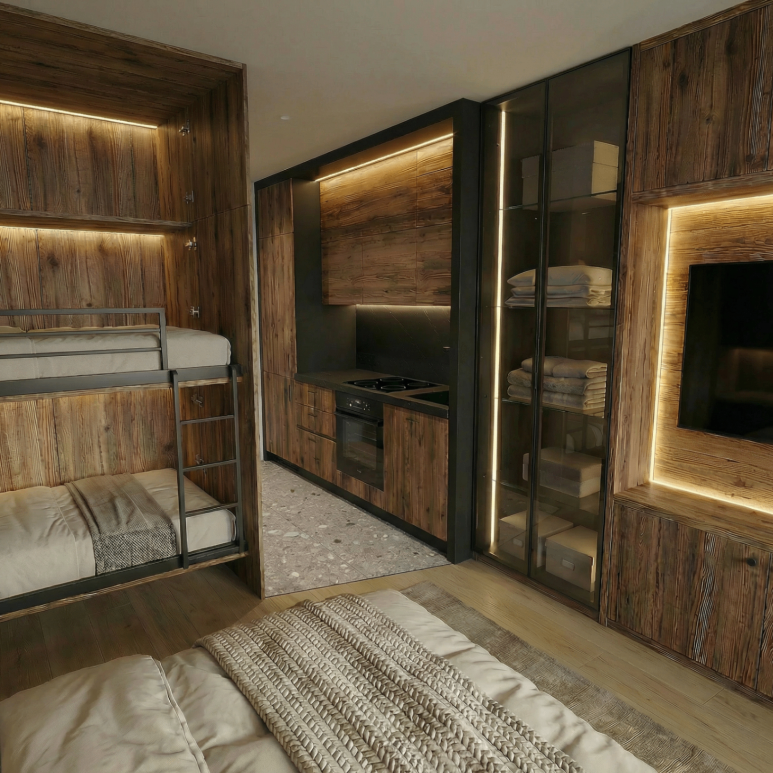 Natural stone, larch wood and soft daylight in an alpine interior